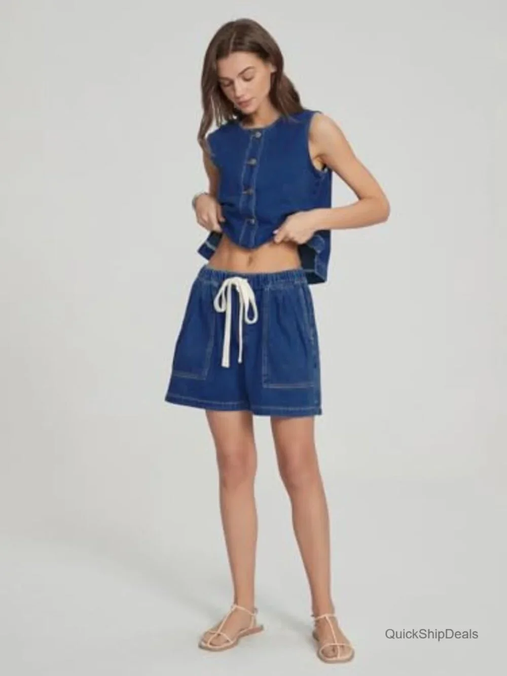 Sleeveless Denim Vest & Baggy Jean Shorts Matching Set Two Piece Outfit